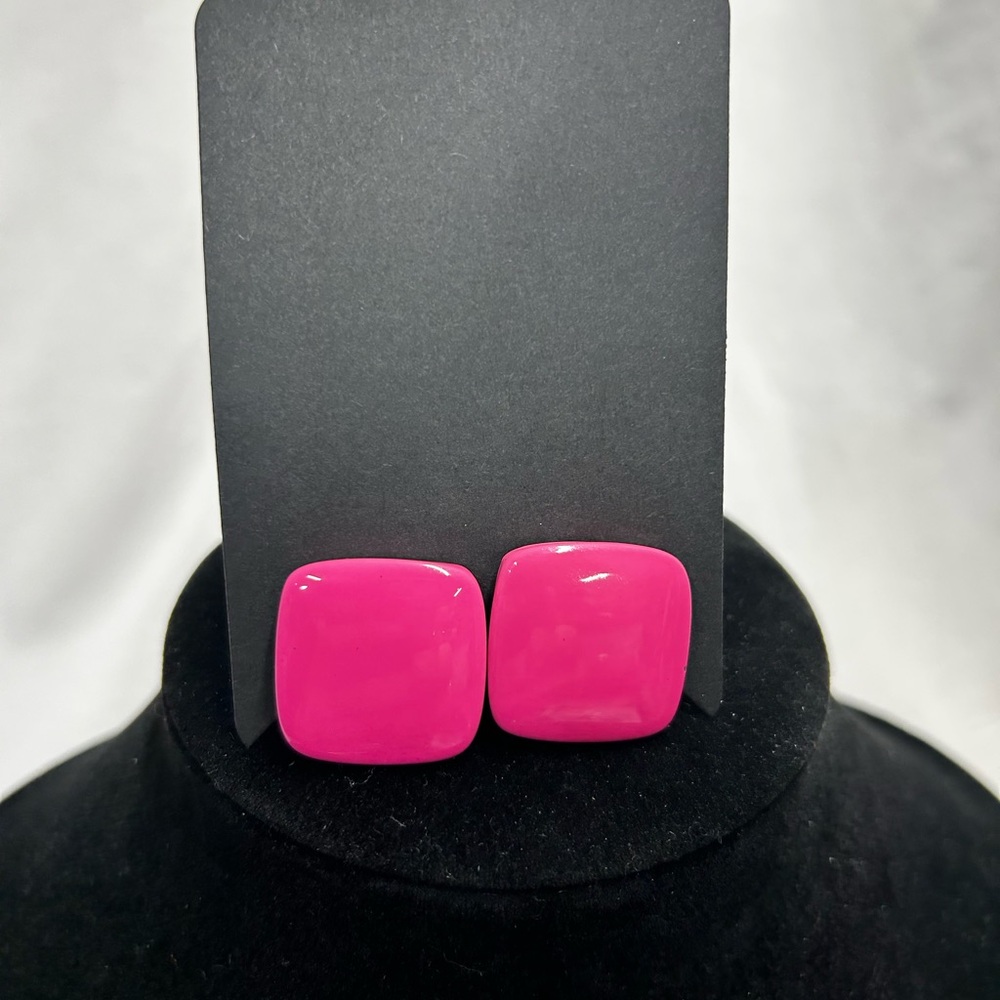 Vintage 80s Hot Pink Chunky Square Stud Earrings Retro Enamel Glossy